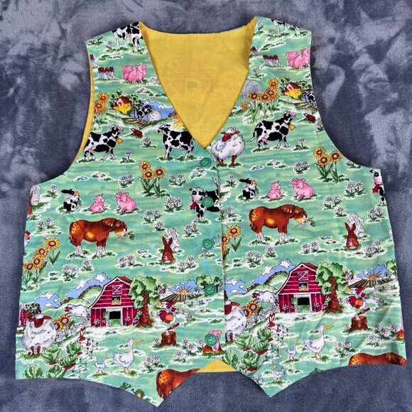 Handmade Sewn Vest Cottage & Country Core Farm Animals School Teacher Artsy M-L - Picture 1 of 6